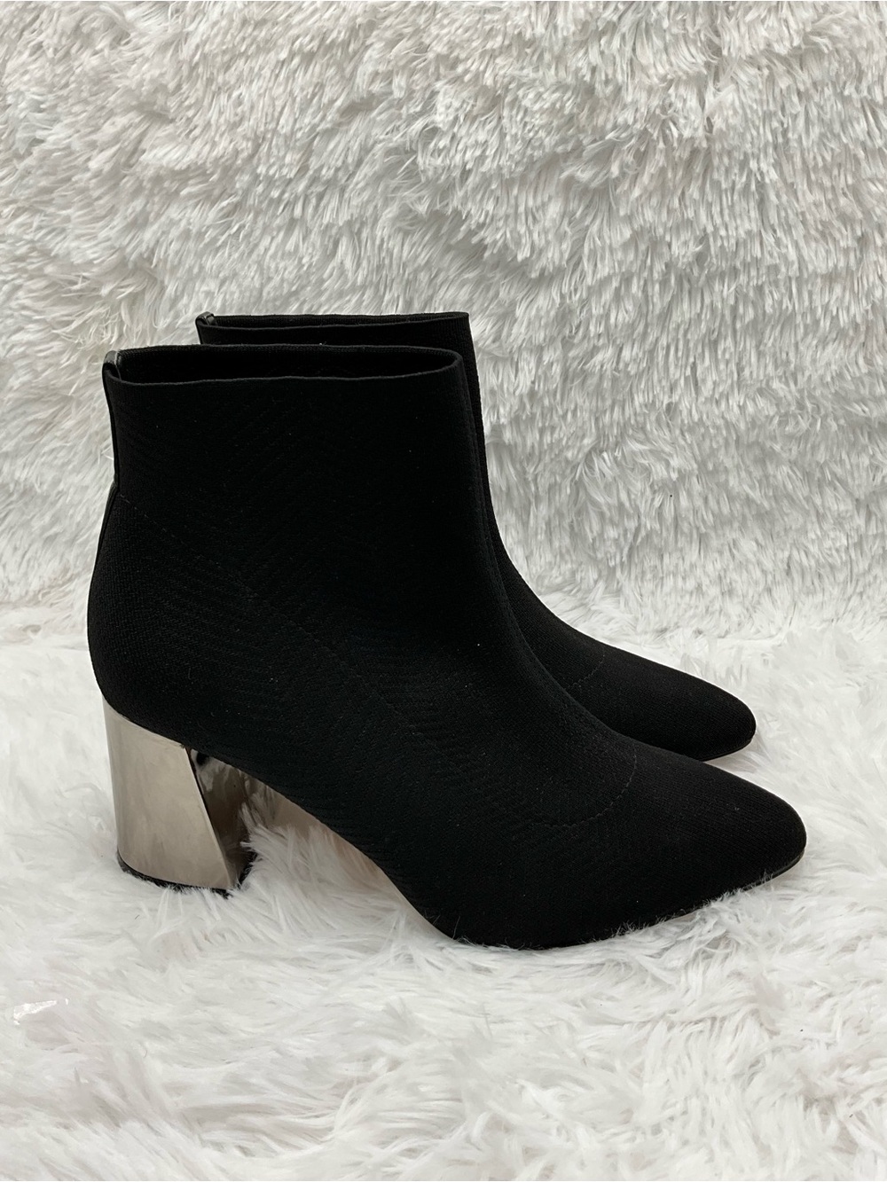 BCBGeneration Bootie Size 9.5 Black Ankle Sock Booties with Silver Block Heel